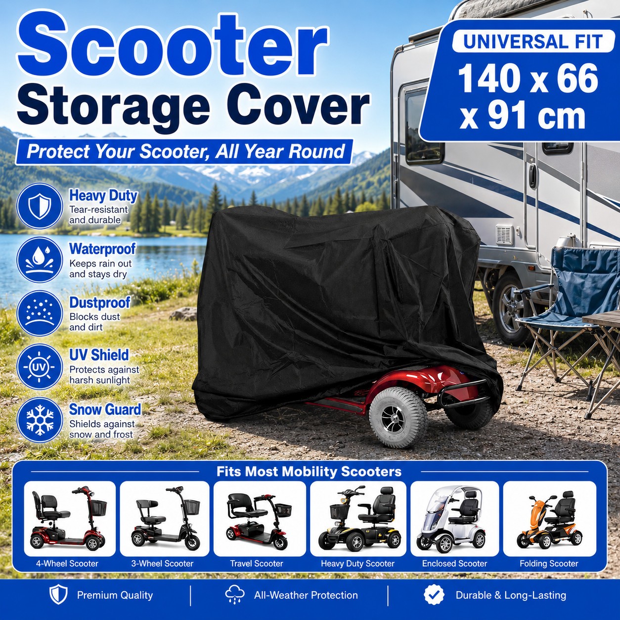 All Weather Mobility Scooter Cover 55in Heavy Duty Wheelchair Rain Dust UV Guard