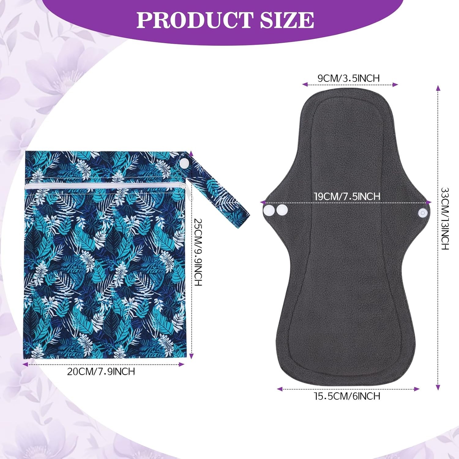 PHOGARY Reusable Menstrual Pads, Washable Overnight Cloth Panty Liners, 7pcs Bam
