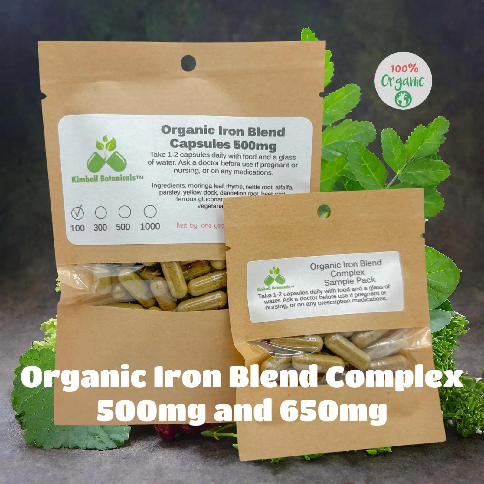 Organic Herbal Iron Blend, 500mg or 650mg vegetarian pullulan capsules, made