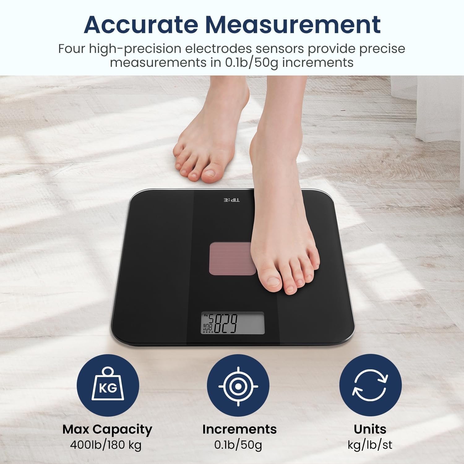 Solar Bathroom Scale – Digital Body Scale 0.1lb Accuracy 400lb/180kg No Battery