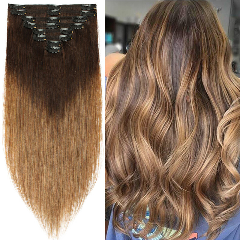 Full Head Clip In Remy Human Hair Extensions Double Wefted Thick 8Pieces 18Clips
