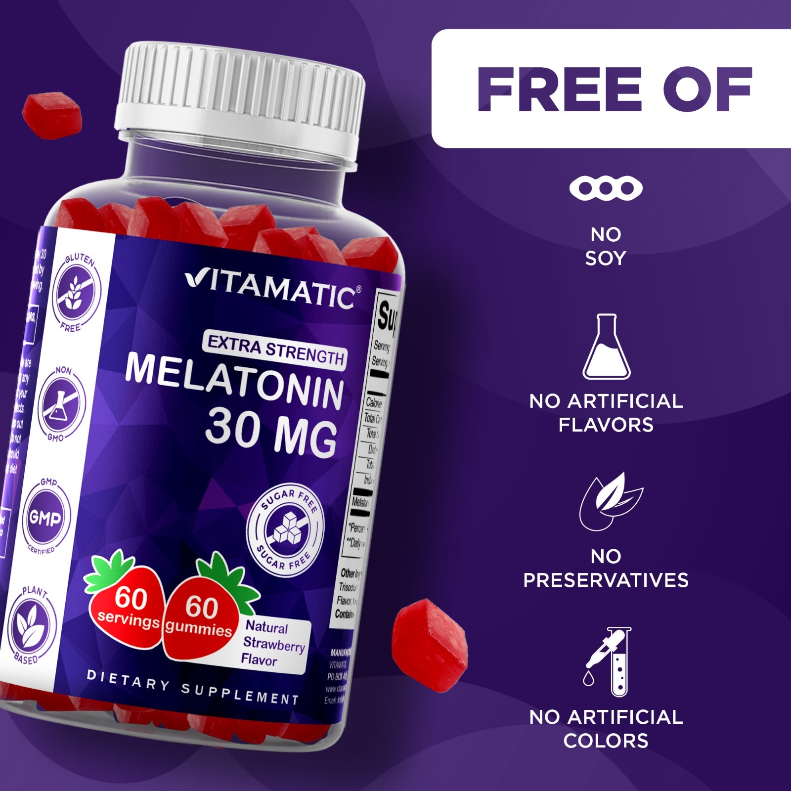 Vitamatic Sugar Free Melatonin 30mg per gummy-60 Servings – 60 Gummy – 2 Pack