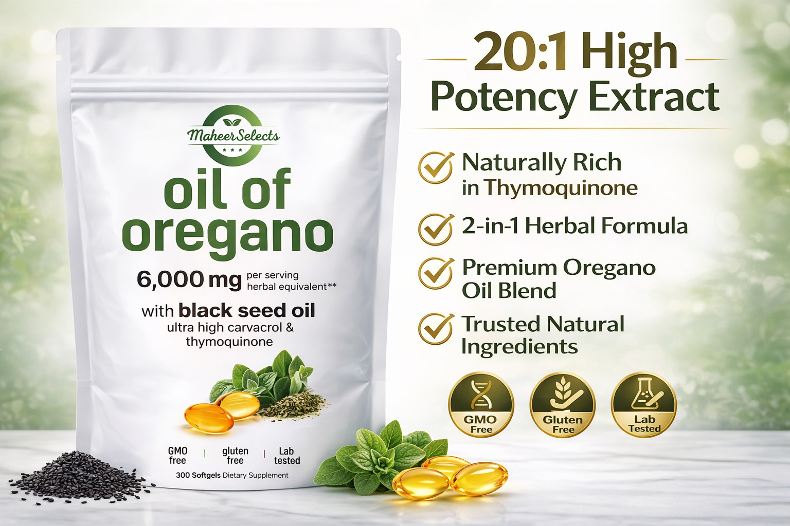 Oil of Oregano with Black Seed 6000mg – 300 Softgels – Immune & Digestive Suppor