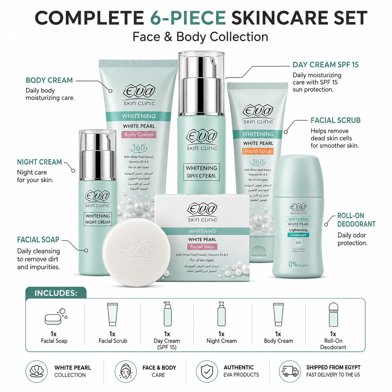 Eva Skin Clinic White Pearl 6PCS Skincare Set Day Night Body & Roll-On