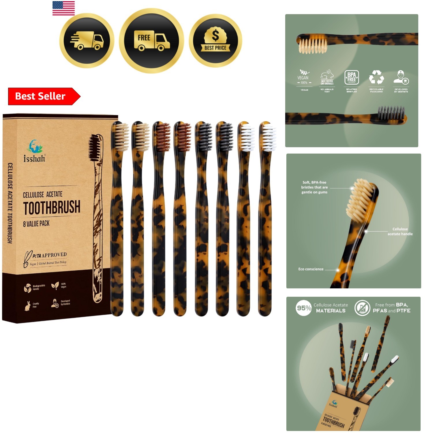 Biodegradable Eco-Friendly Cellulose Acetate Toothbrushes – 8 Count