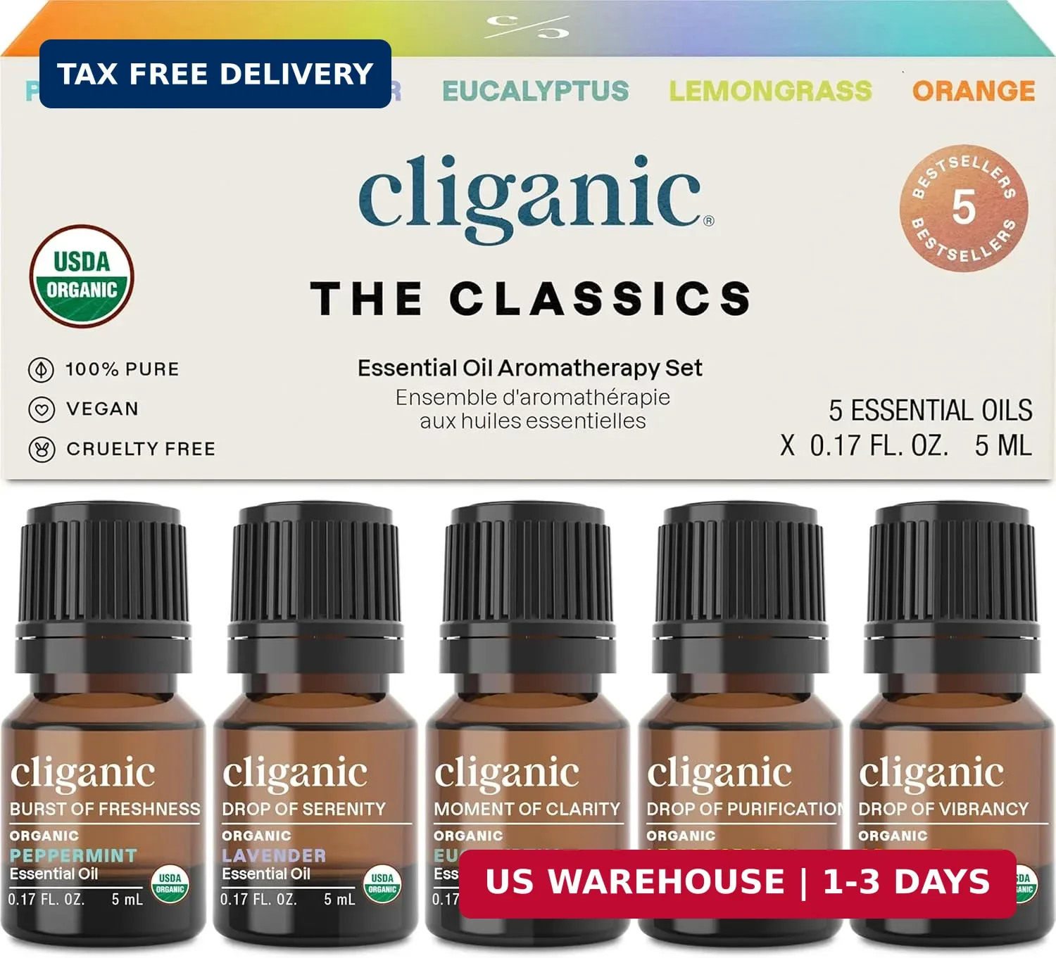 Cliganic Organic Essential Oils Set (Top 5 – The Classics) – 100% Pure Natural –