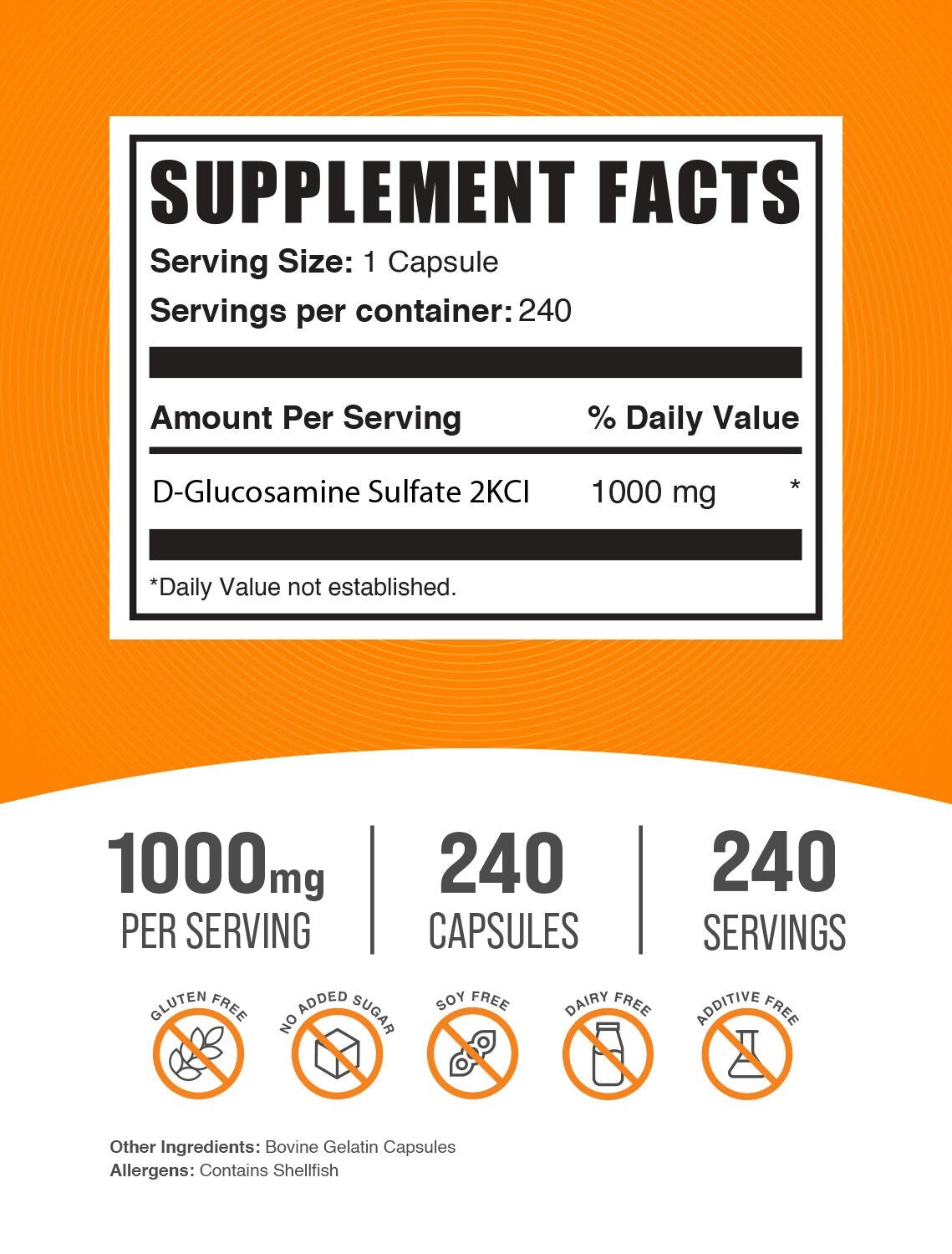 BulkSupplements Glucosamine Sulfate 240 Capsules – 1000mg Per Serving