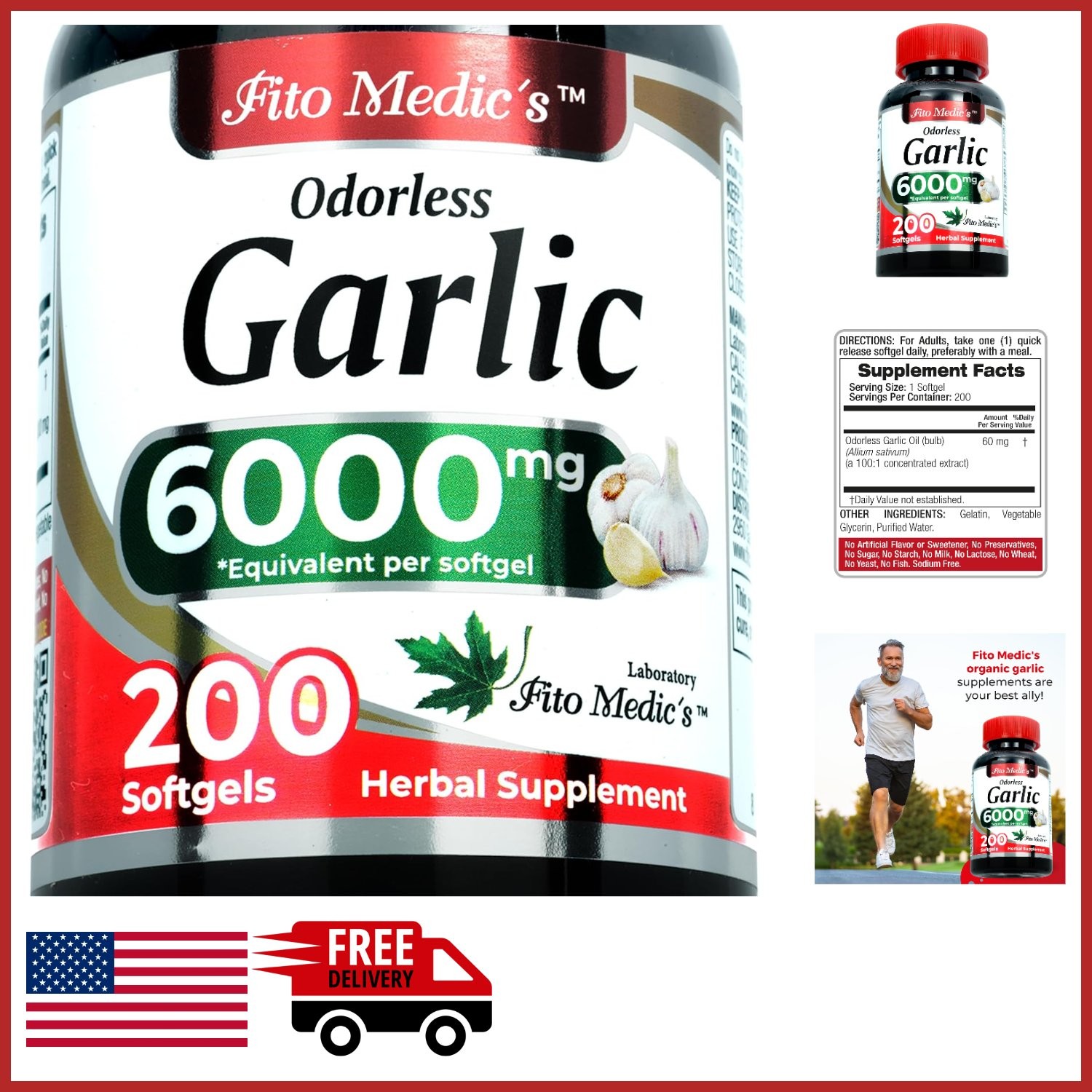 Garlic Supplements 200 Softgels for Cardiovascular Support Odorless Formula