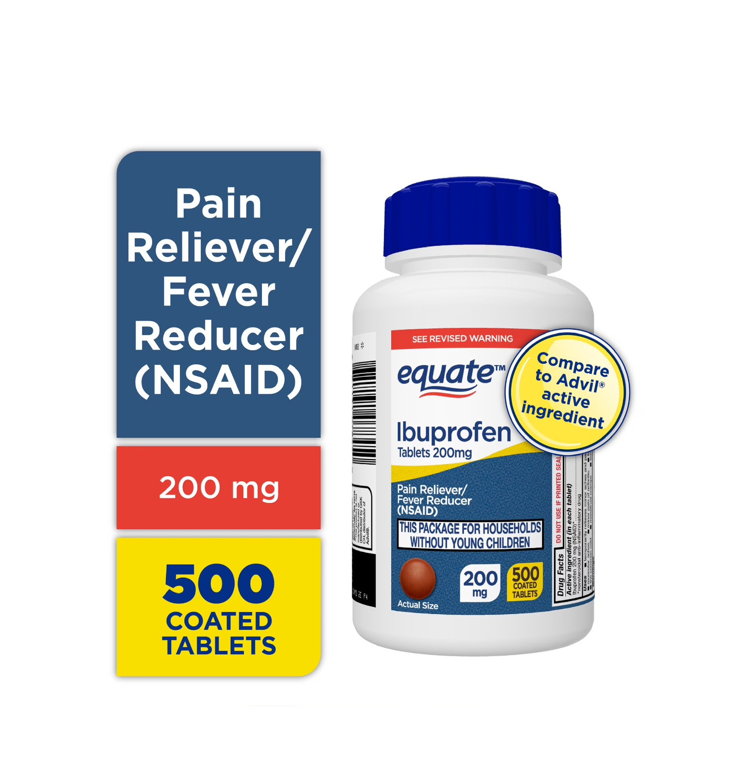 Equate Ibuprofen Tablets, 200 mg, Pain Reliever and Fever Reducer, 500 Count.