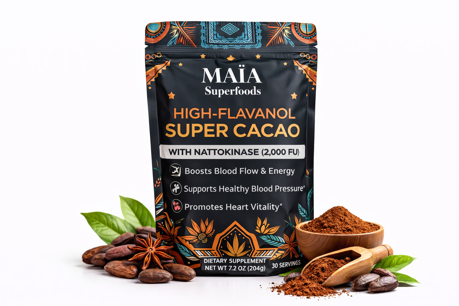 Maïa Superfoods High-Flavanol Super Cacao w/ Nattokinase 30 Servings – Fast Ship