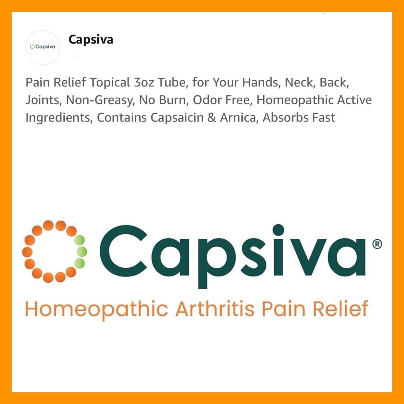 2-Pack Capsiva Homeopathic Arthritis Pain Relief Gel Arthritis Control 3oz X 2