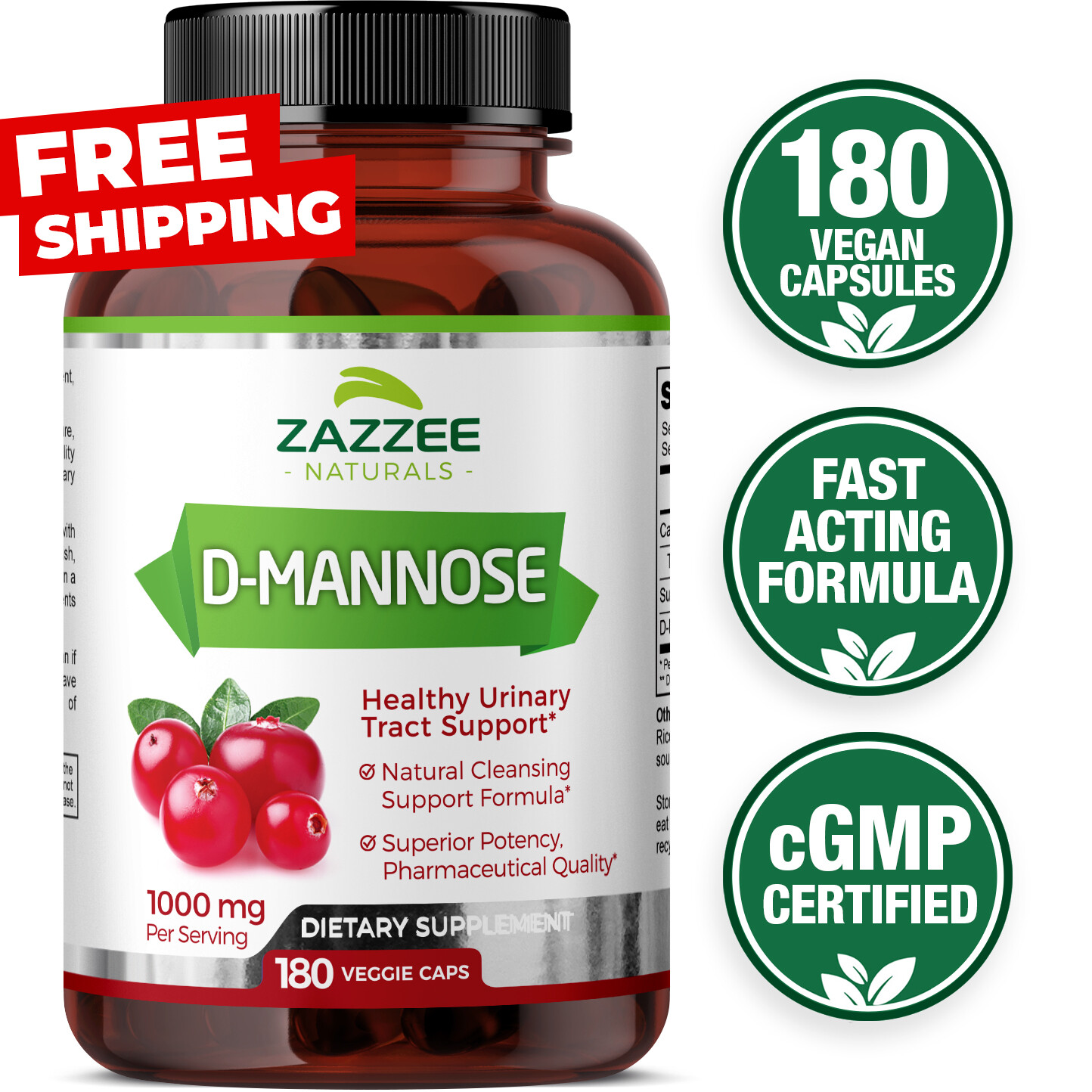 D-Mannose Capsules 180 Veggie Caps 1000mg 100% Pure UTI Relief Urinary Tract USA
