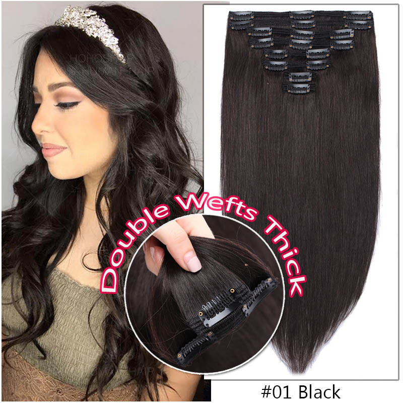 10-24inch Long THICK Double Weft Clip In Remy Human Hair Extensions Full Head 24