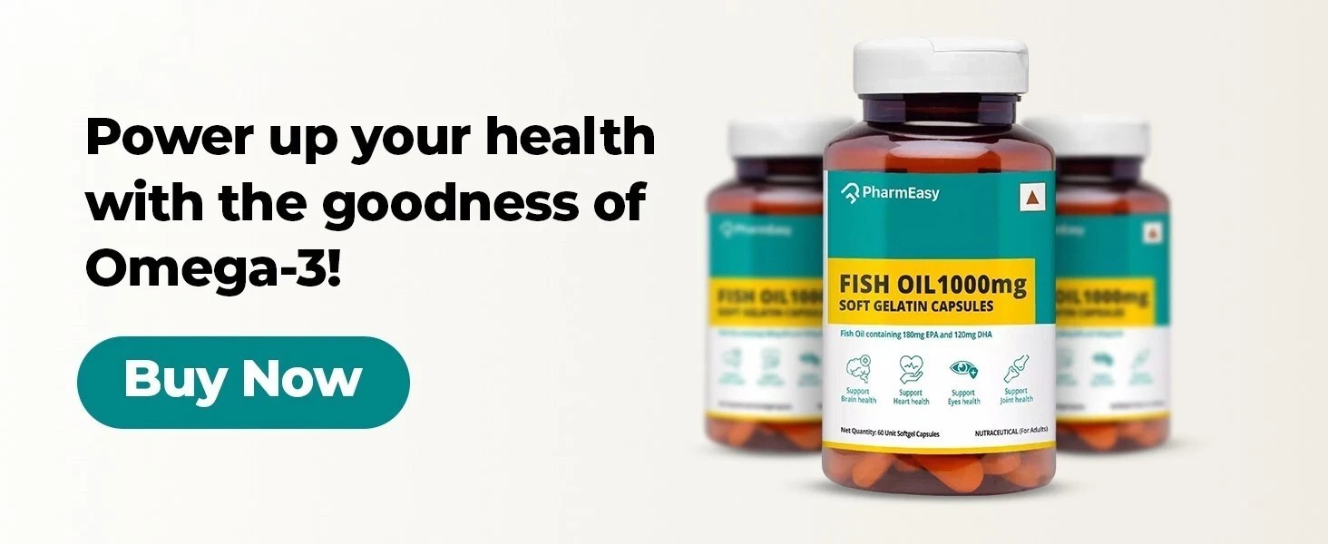 PharmEasy Fish Oil 1000mg Omega-3 Capsules 4 Heart Brain Skin Joints, Pack of 60