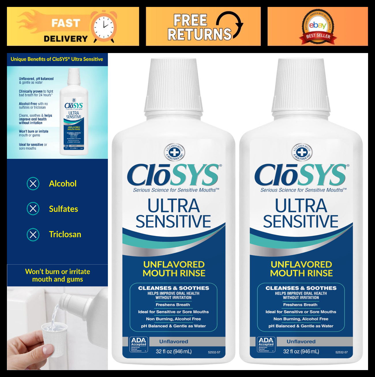 Alcohol-Free Mouthwash, 32 Oz, Pack of 2, Unflavored, Dye-Free, pH Balanced, Soo