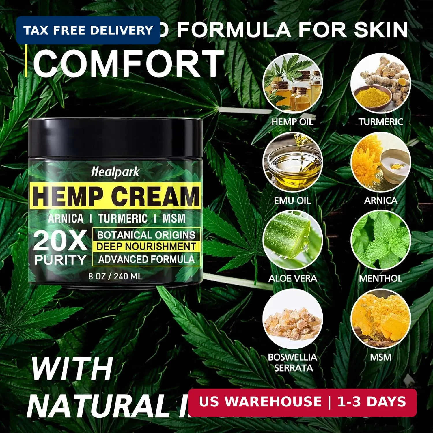 Healpark Hemp Cream 8 fl oz – Arnica,MSM, Turmeric, Emu Oil, Menthol, Aloe