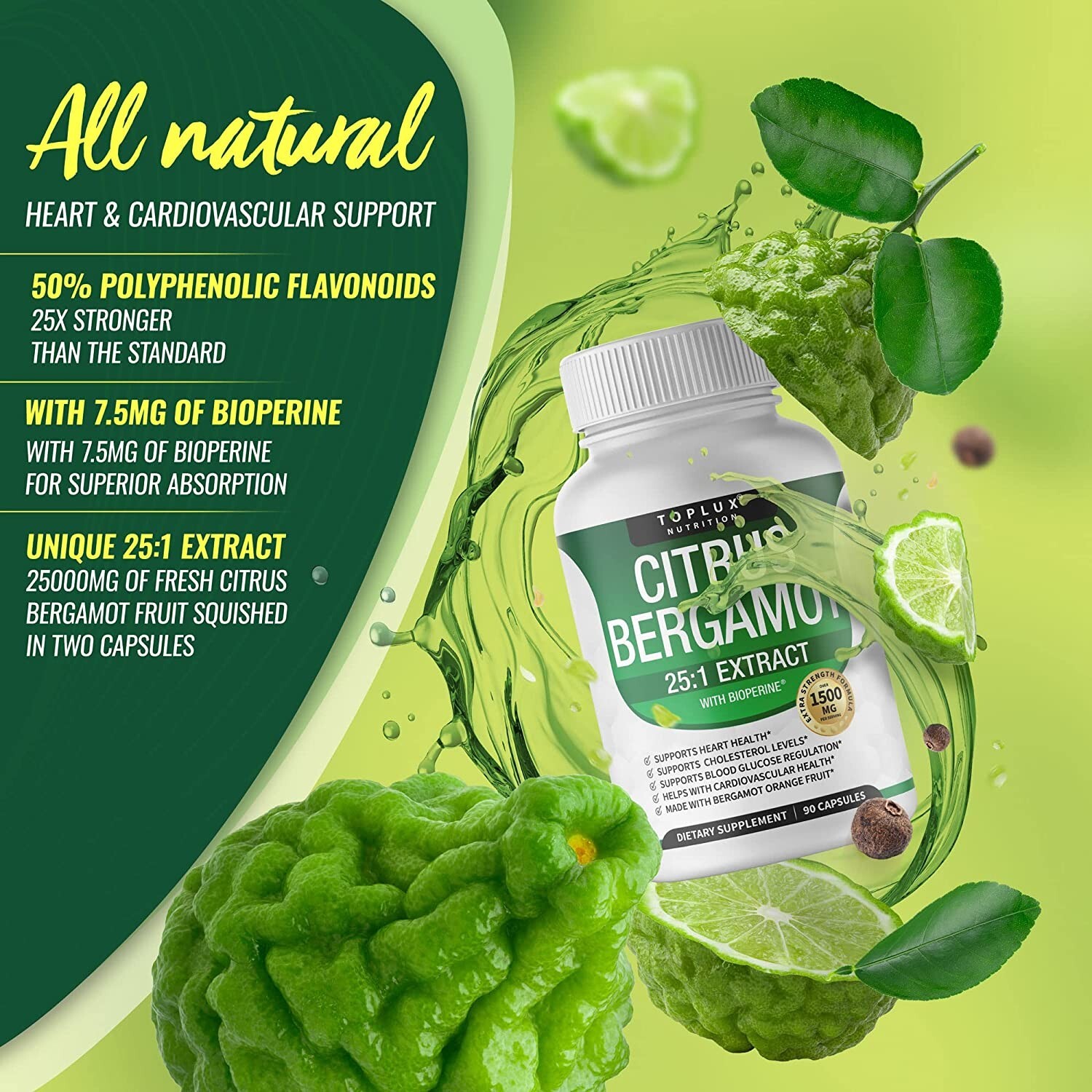 Citrus Bergamot 1500 Mg, 25:1 Extract, Organic Cholesterol Supplements Vegan Cap