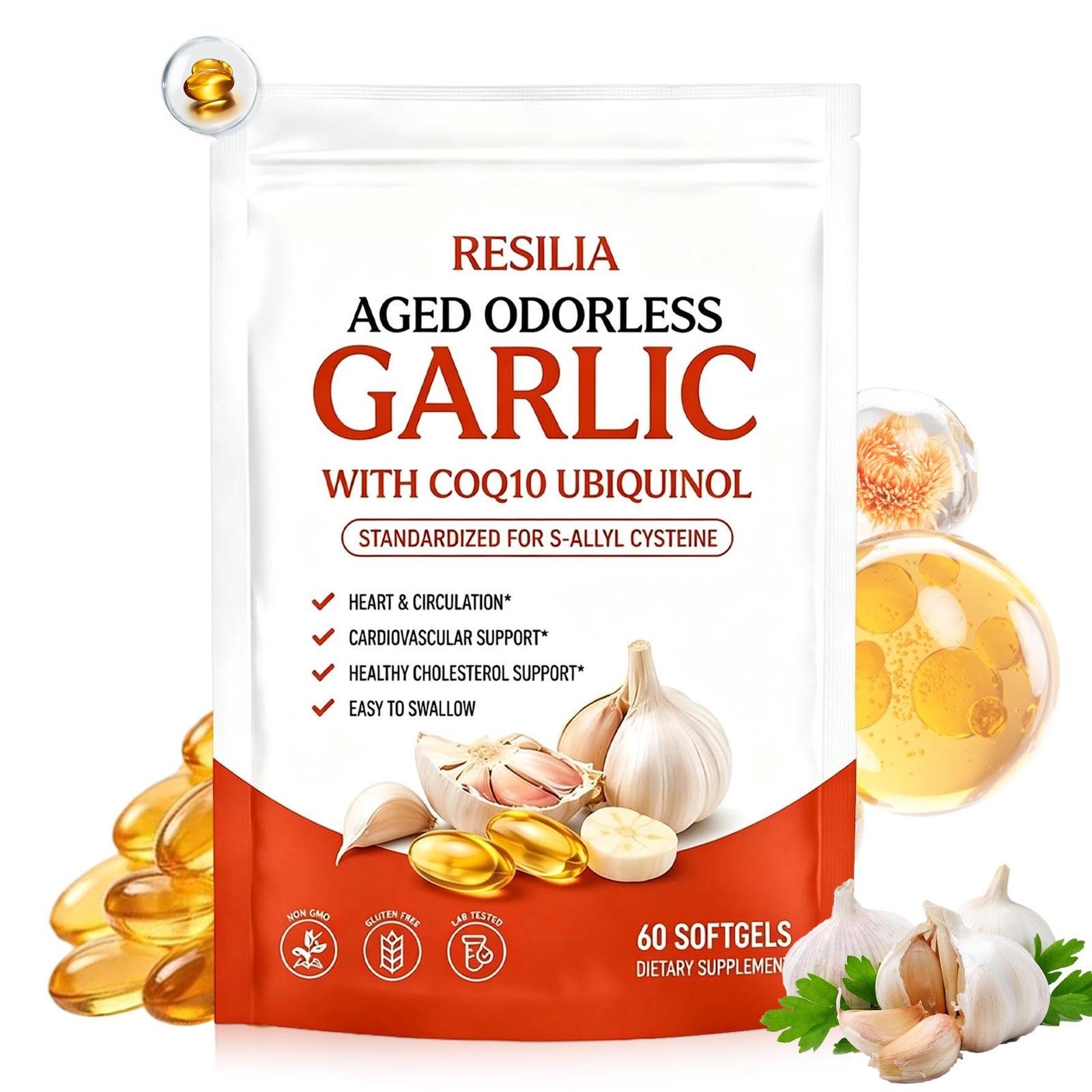 Aged-Resilia Garlic Extract Softgels (60 Count) – Odorless Aged Garlic Extract