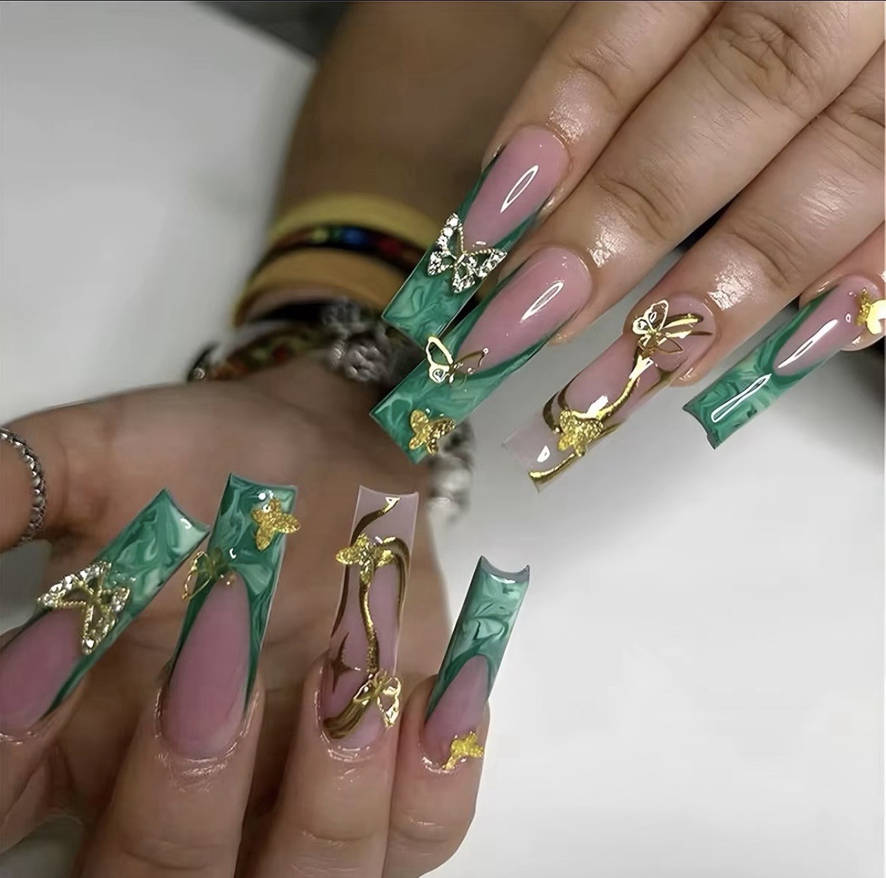 Long Square Press-On Nails Green Pink Gold 3D Butterfly Self-Adhesive Set