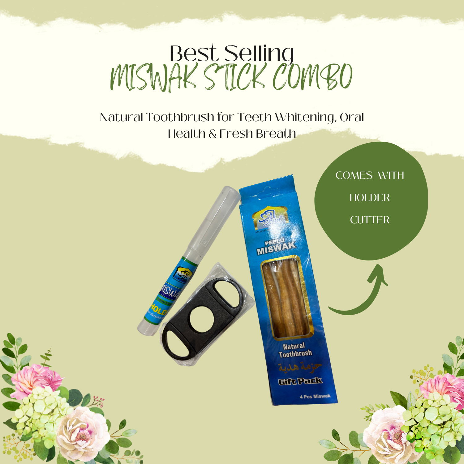Miswak Natural Toothbrush – Combo with 4 Miswak Stick with Holder and Cutter