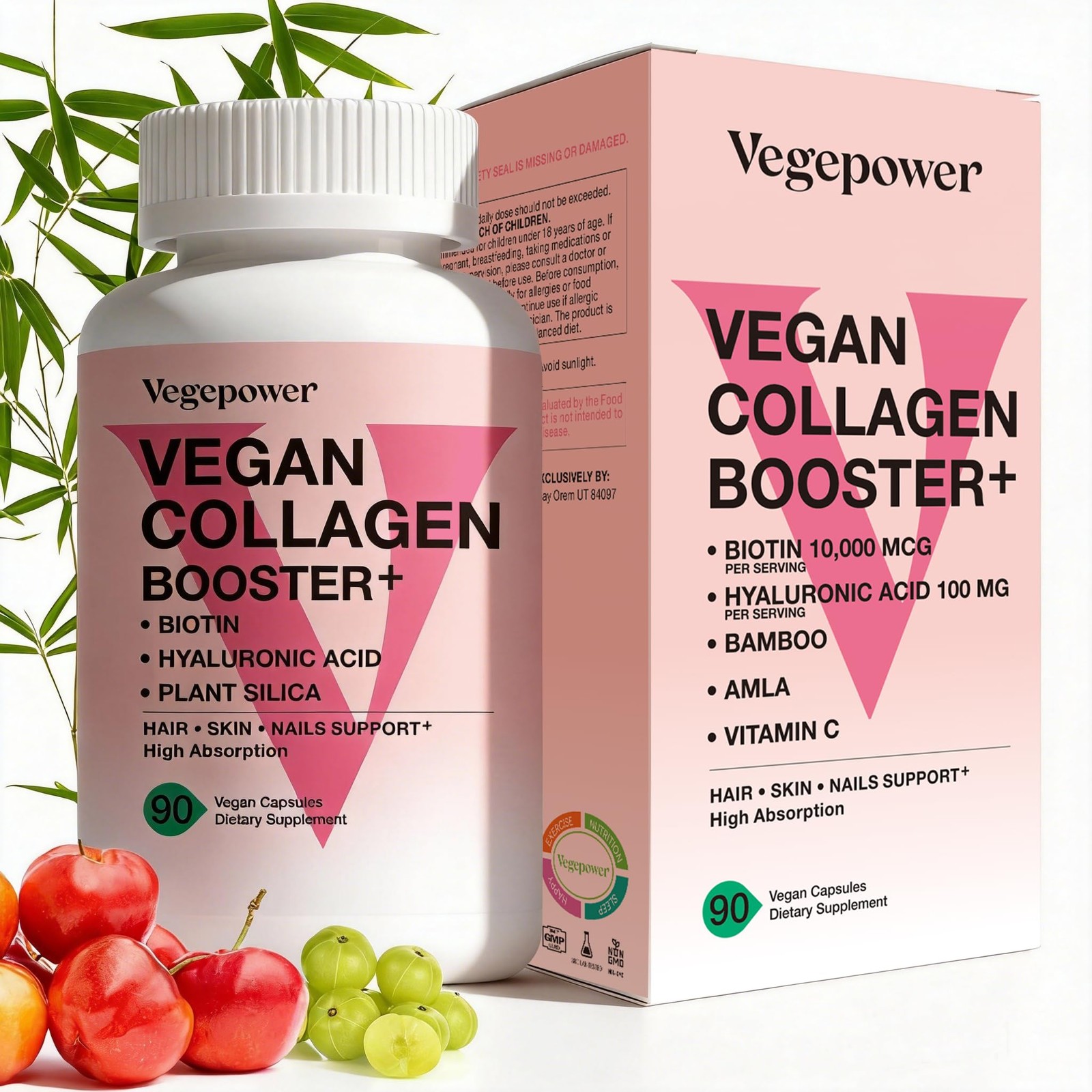 VEGEPOWER Vegan Collagen Booster with Biotin 10,000 mcg, Hyaluronic Acid, Bam…