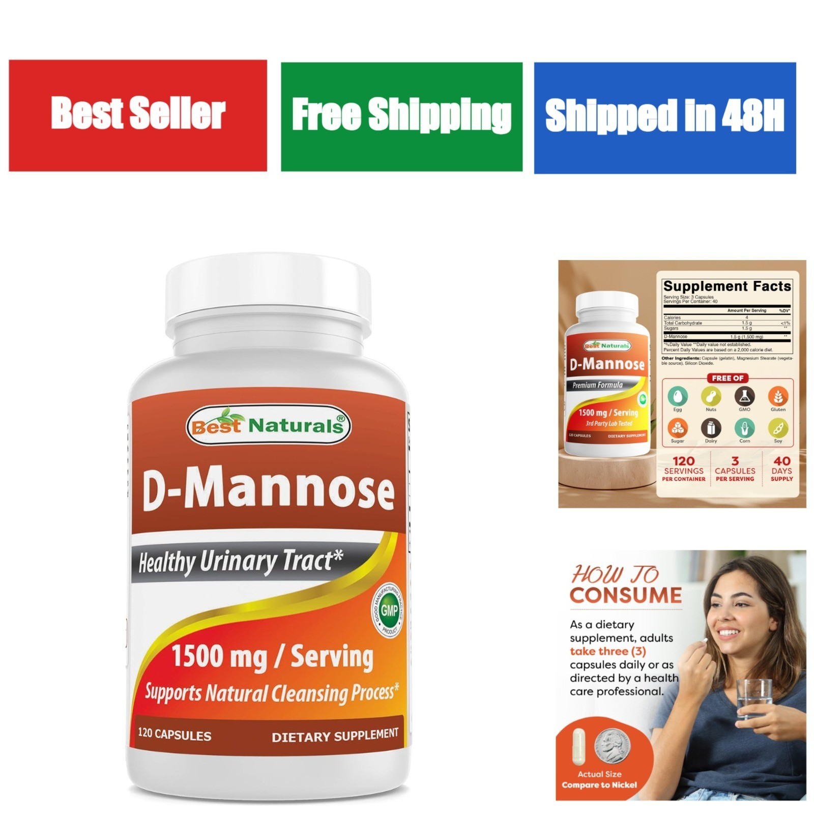 Best Naturals D-Mannose Capsules 1500mg – Urinary Tract Support 120 Count
