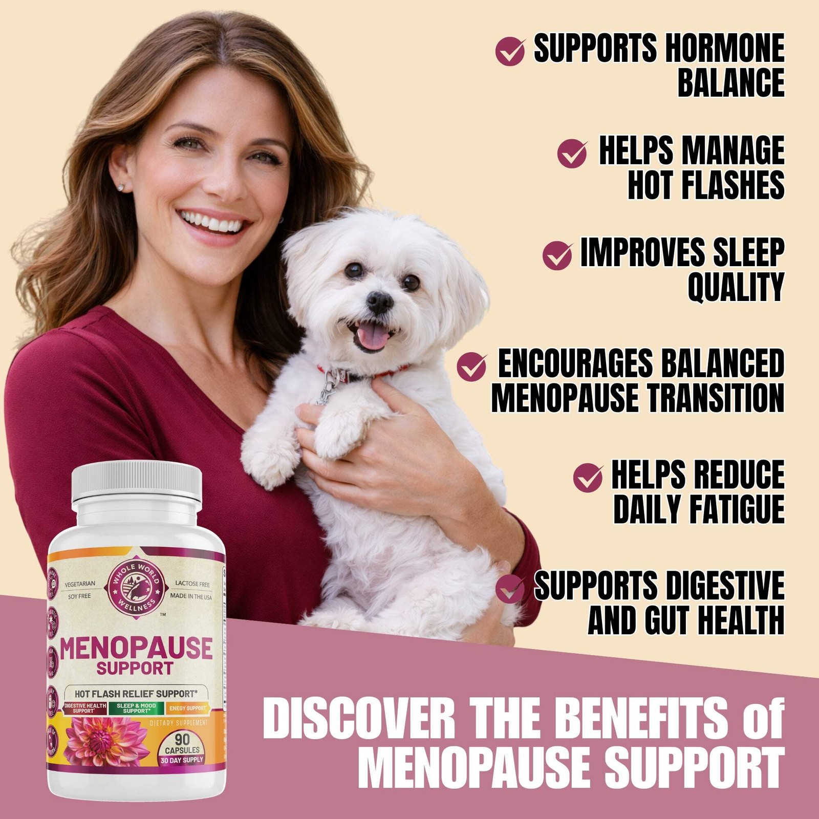 WHOLE WORLD WELLNESS Menopause Support Supplement with Probiotics & Prebiotics.