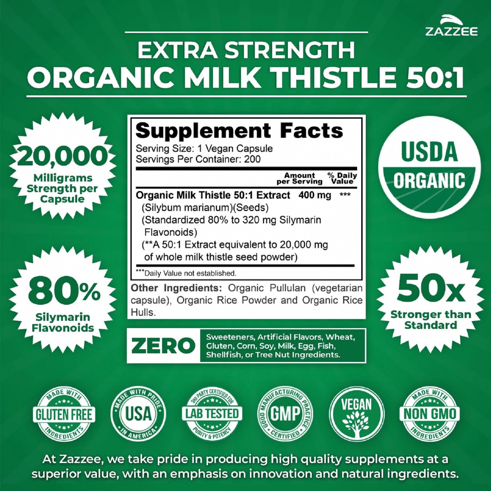Zazzee Organic Milk Thistle Extract 20,000 mg Strength, 200 Vegan Capsules