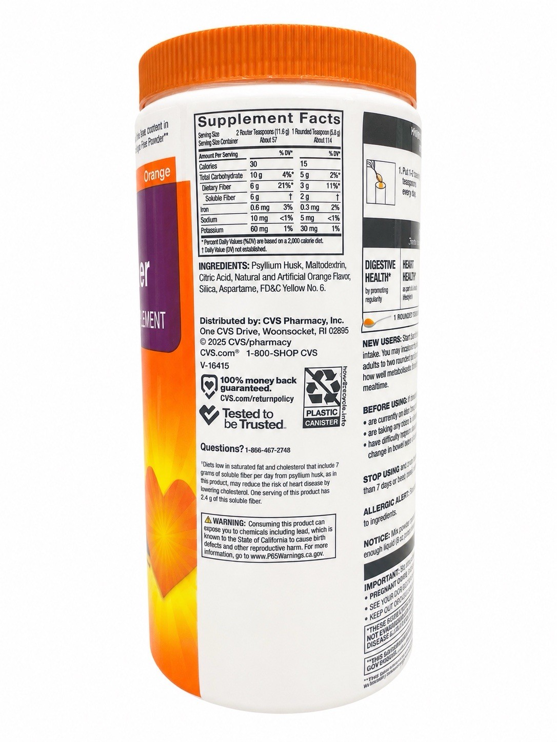 CVS 4 In 1 Daily Fiber Psyllium Supplement Orange Sugar Free 10 oz Exp. 11/2027