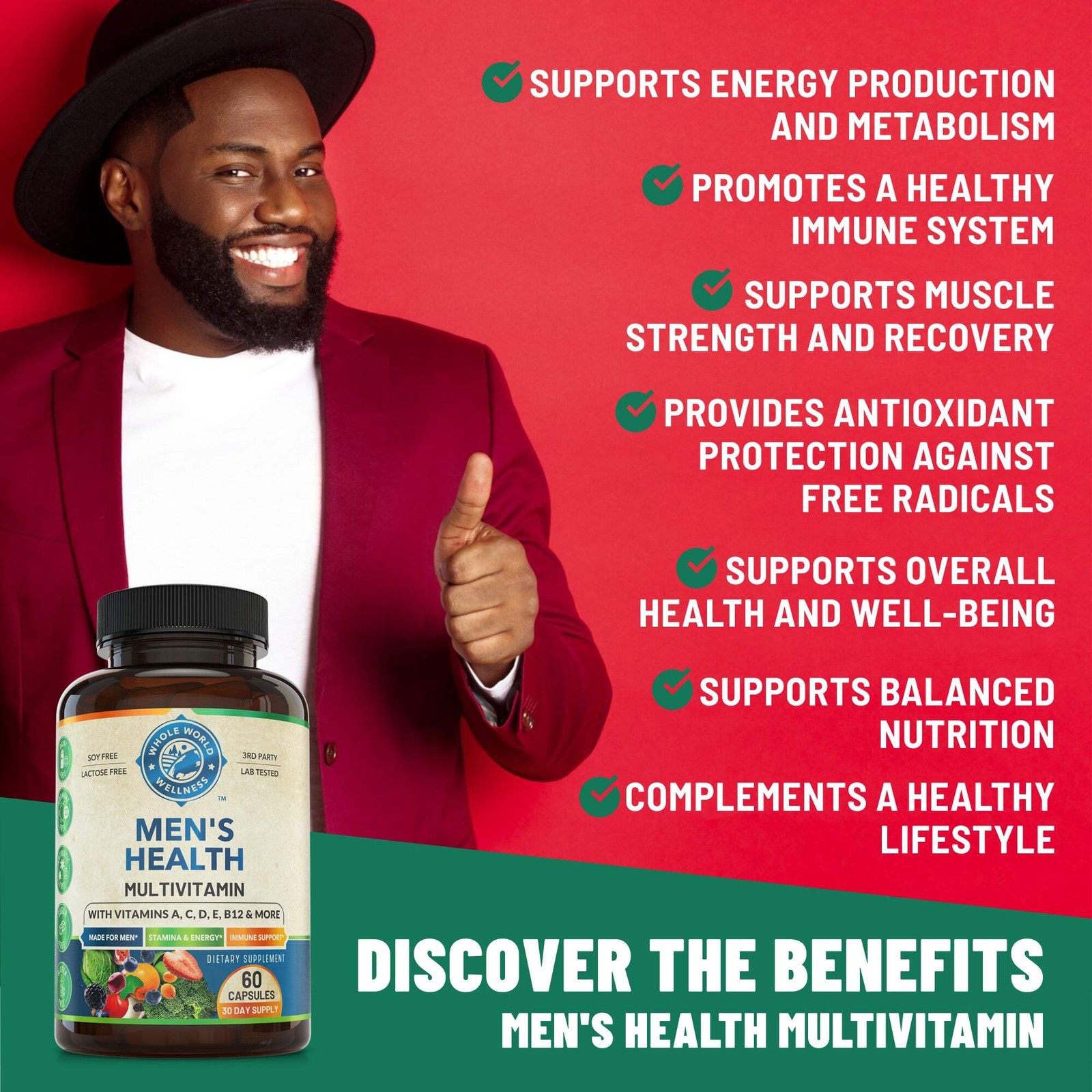 WHOLE WORLD WELLNESS Men’s Multivitamin & Multimineral Supplement. USA Made.