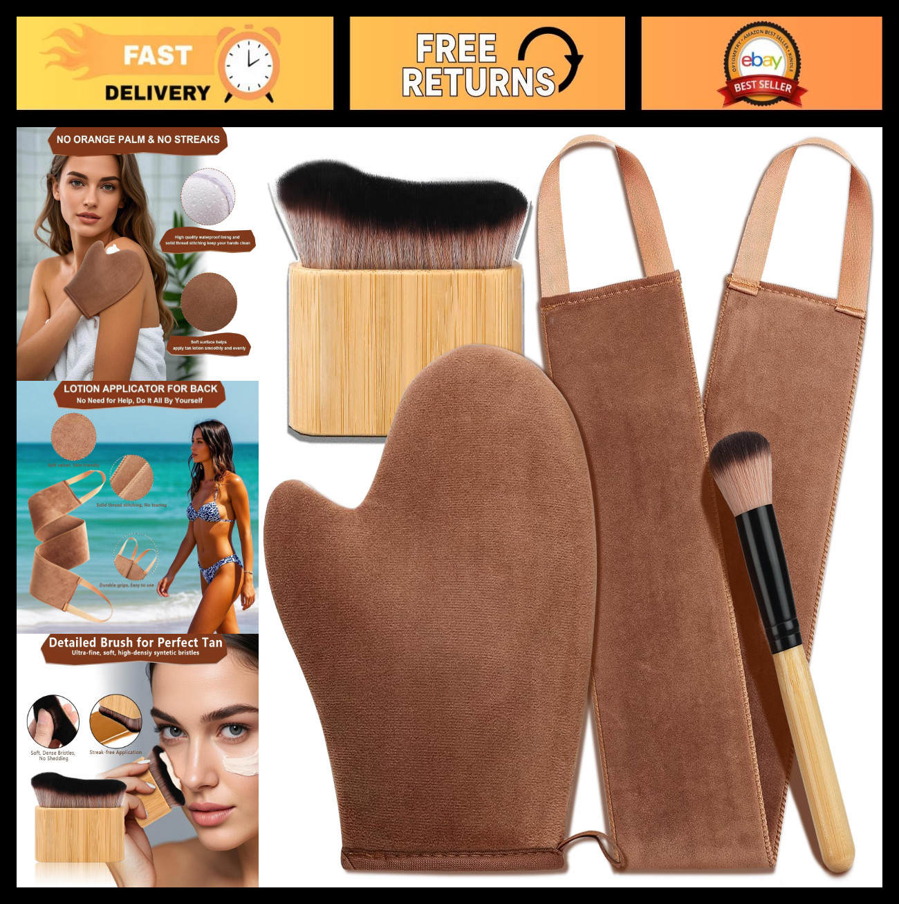 4-in-1 Luxury Velvet Tanning Mitt & Brush Set – Self Tanner Applicator & Back Gl