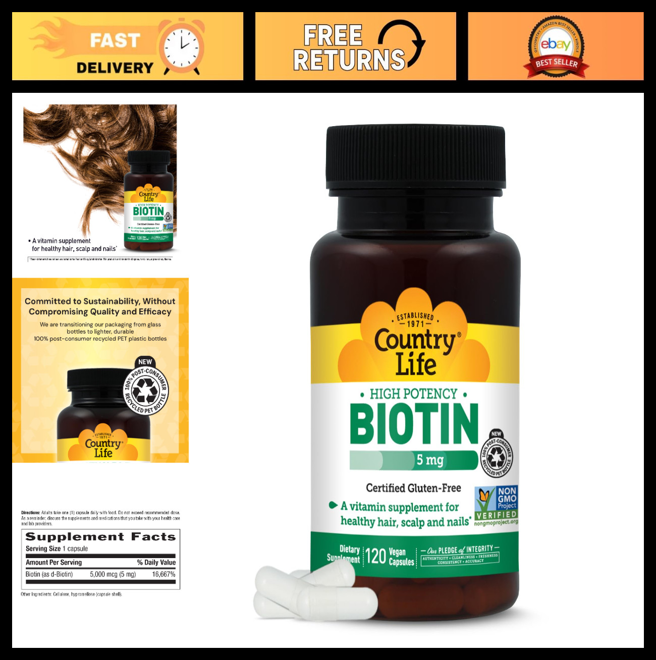 High Potency Biotin 5mg – 120 Count, Gluten Free, Vegan, Non-GMO Supplement