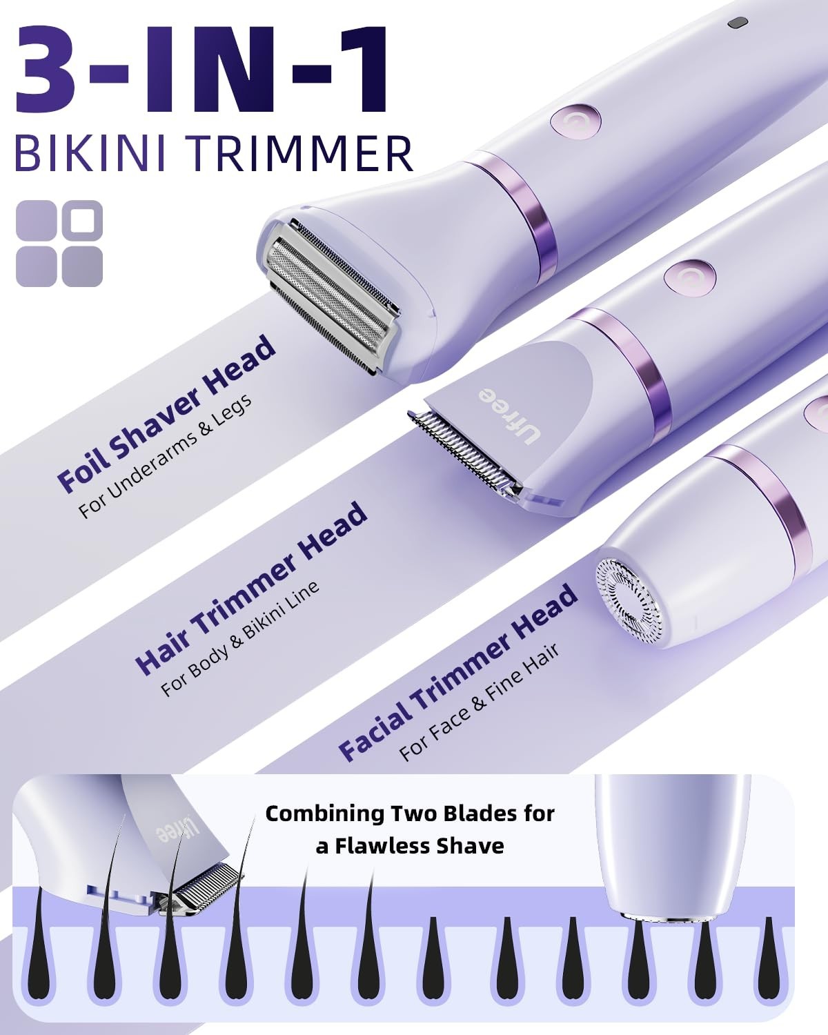 Electric Bikini Trimmer for Women, Waterproof Rechargeable Hair Shaver, Ceramic