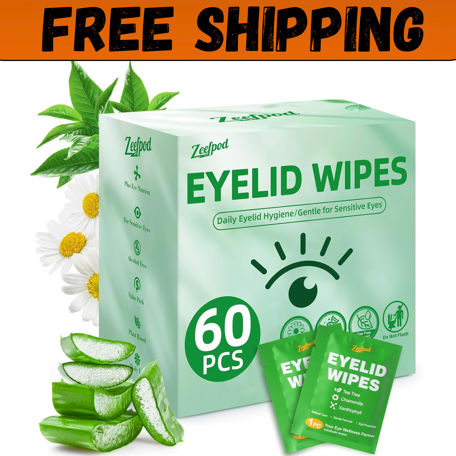 60PCS Tea Tree Oil Eyelid Wipes – Individually Wrapped Eye Lid Cleaning Wipes