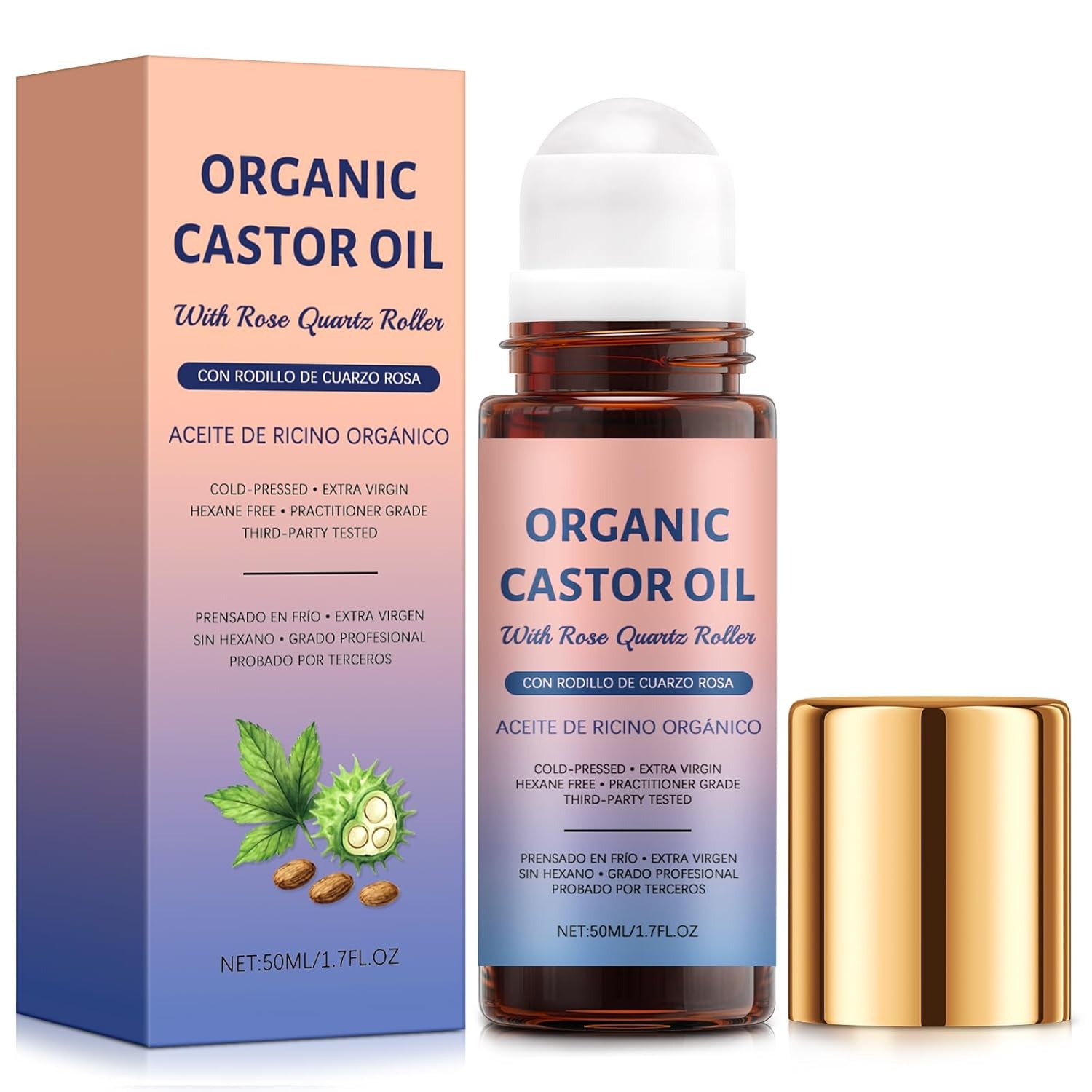 Organic Golden Castor Oil Roll-On with Rose Quartz for Skin,Hair Growth&Wrinkle