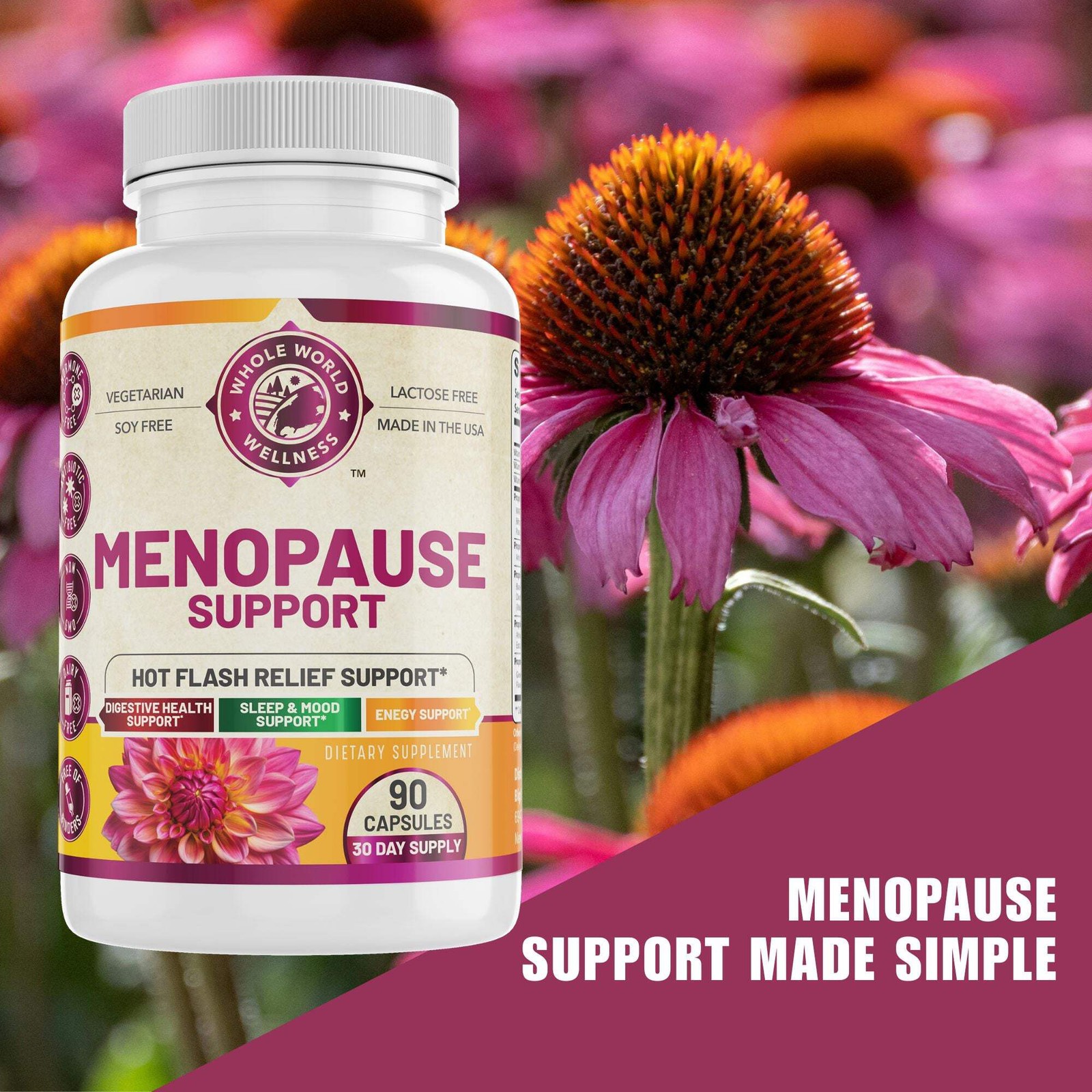 WHOLE WORLD WELLNESS Menopause Support Supplement with Probiotics & Prebiotics.