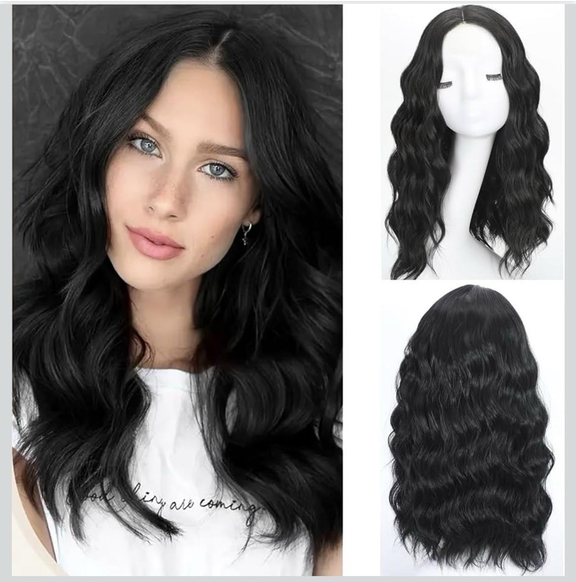 Black Long Wavy Synthetic Lace Front Wig, Middle Part, One Size