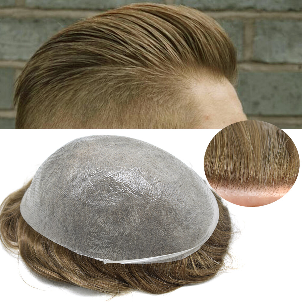 Mens Toupee Human Hair Piece Ultra Thin Skin V-Loop Men Hair Replacement System