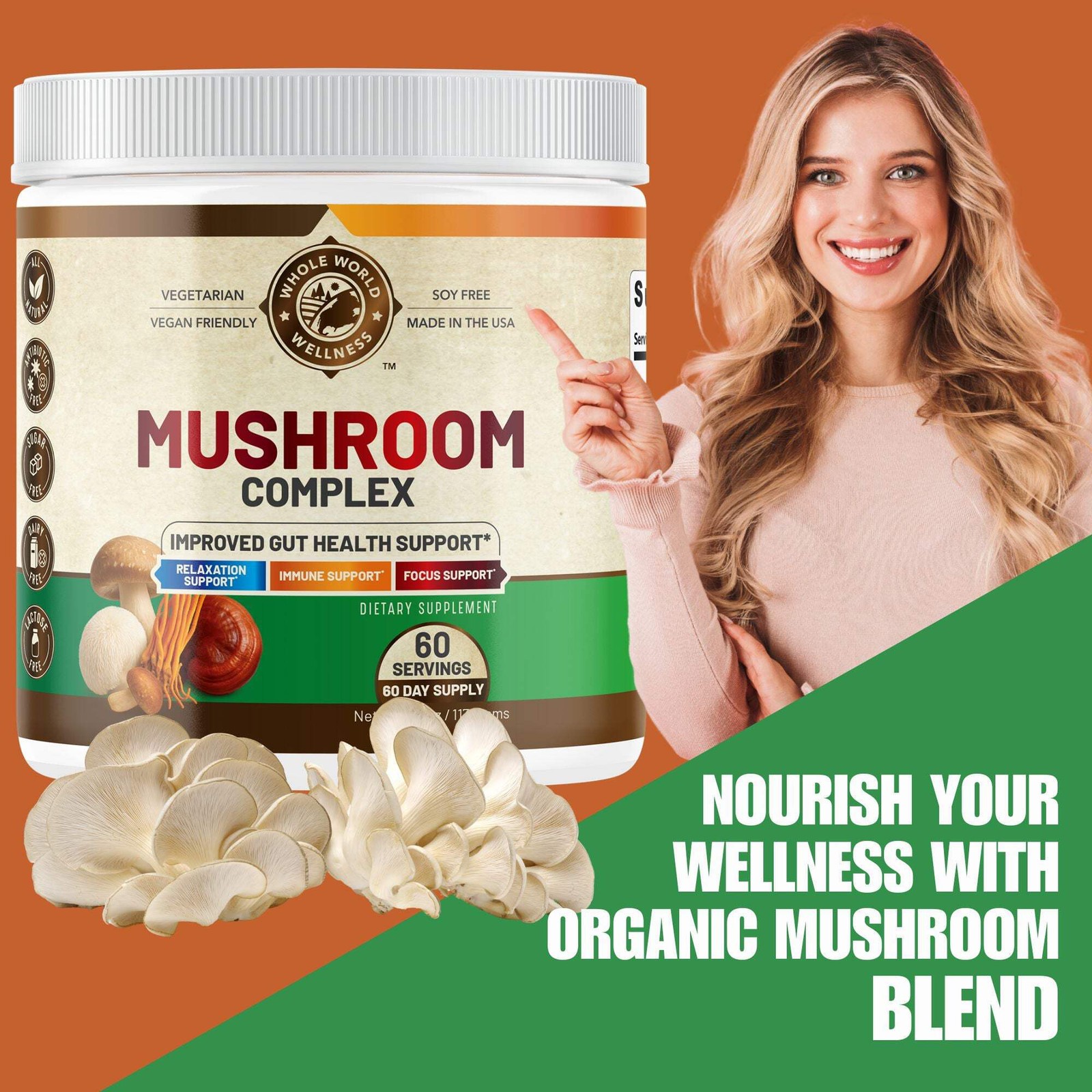 WHOLE WORLD WELLNESS Organic Mushroom Complex Powder Supplement. USA Made.