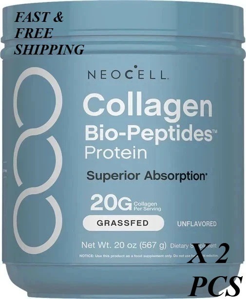 2 BOTTLES–NEW NeoCell Collagen Bio-Peptides Protein Supplement Grass Fed,-20Oz