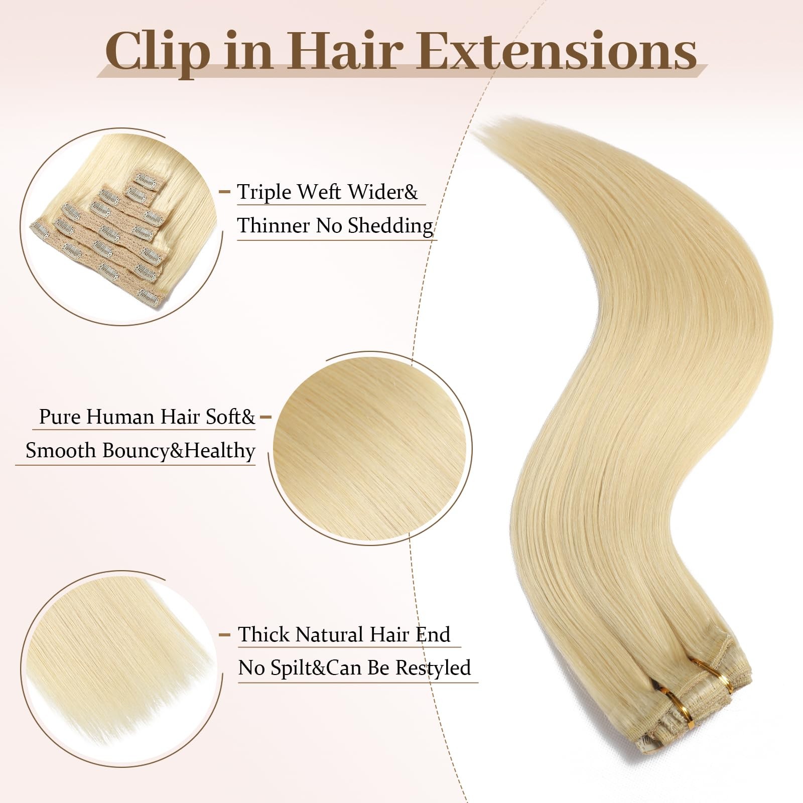 Sisily Clip In Hair Extensions Real Human Hair 22 Inch 120G Bleach Blonde 100
