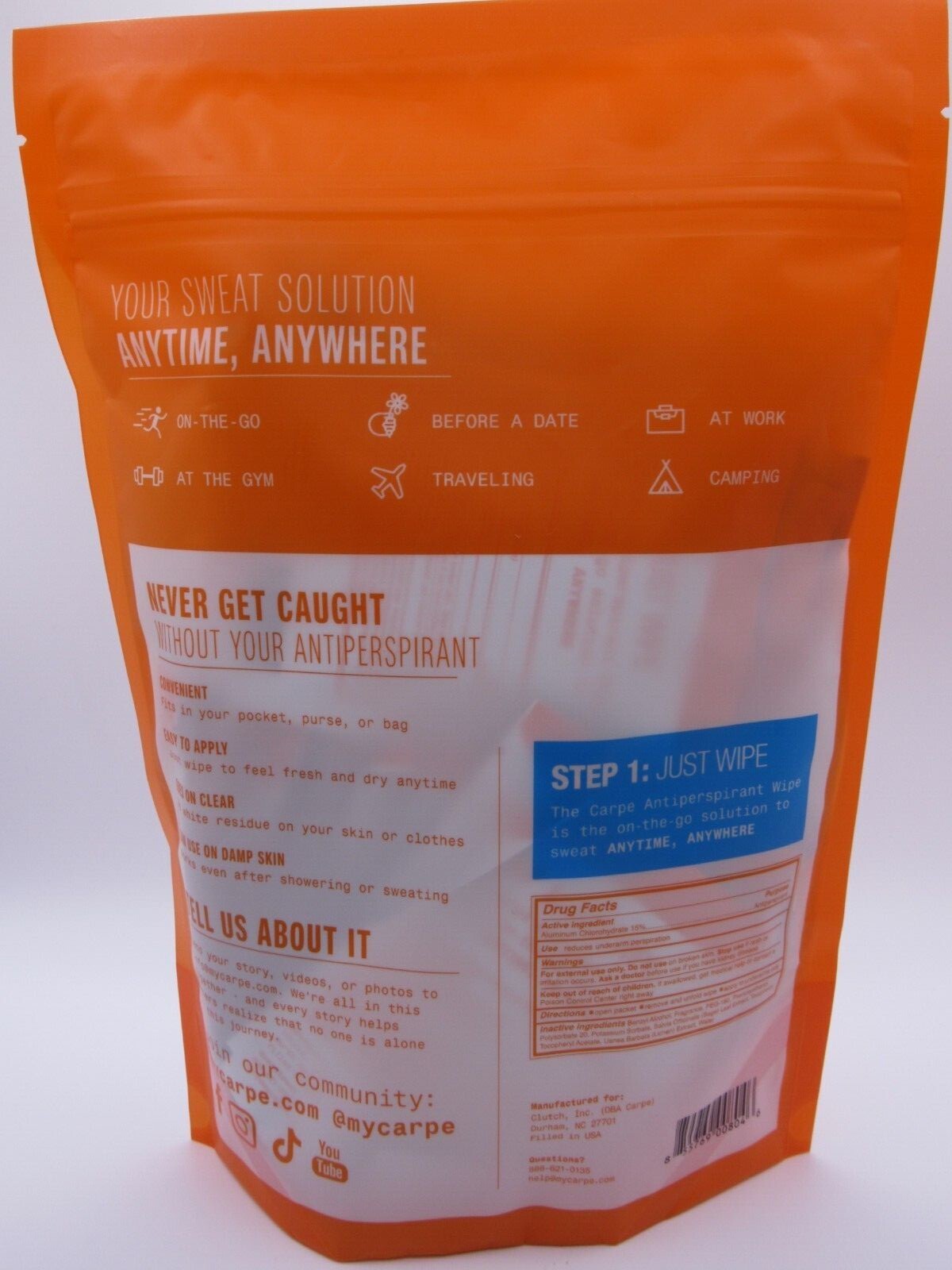 Carpe On The Go Antiperspirant Underarm Wipes 15 (7″x9″)Individual Packages #788