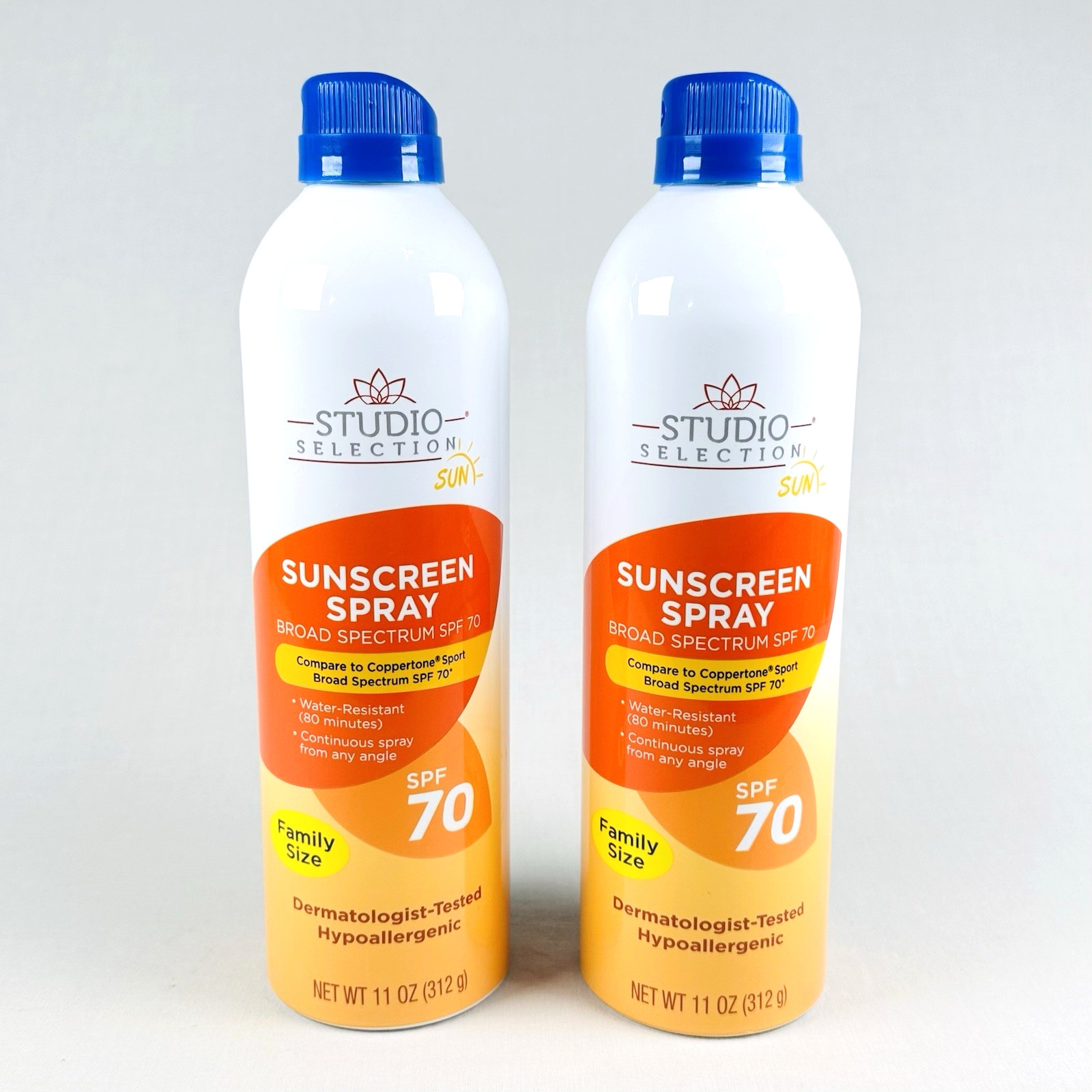 2x Studio Selection Sunscreen Spray SPF 70 (Family Size – 11oz Each) Exp 10/26