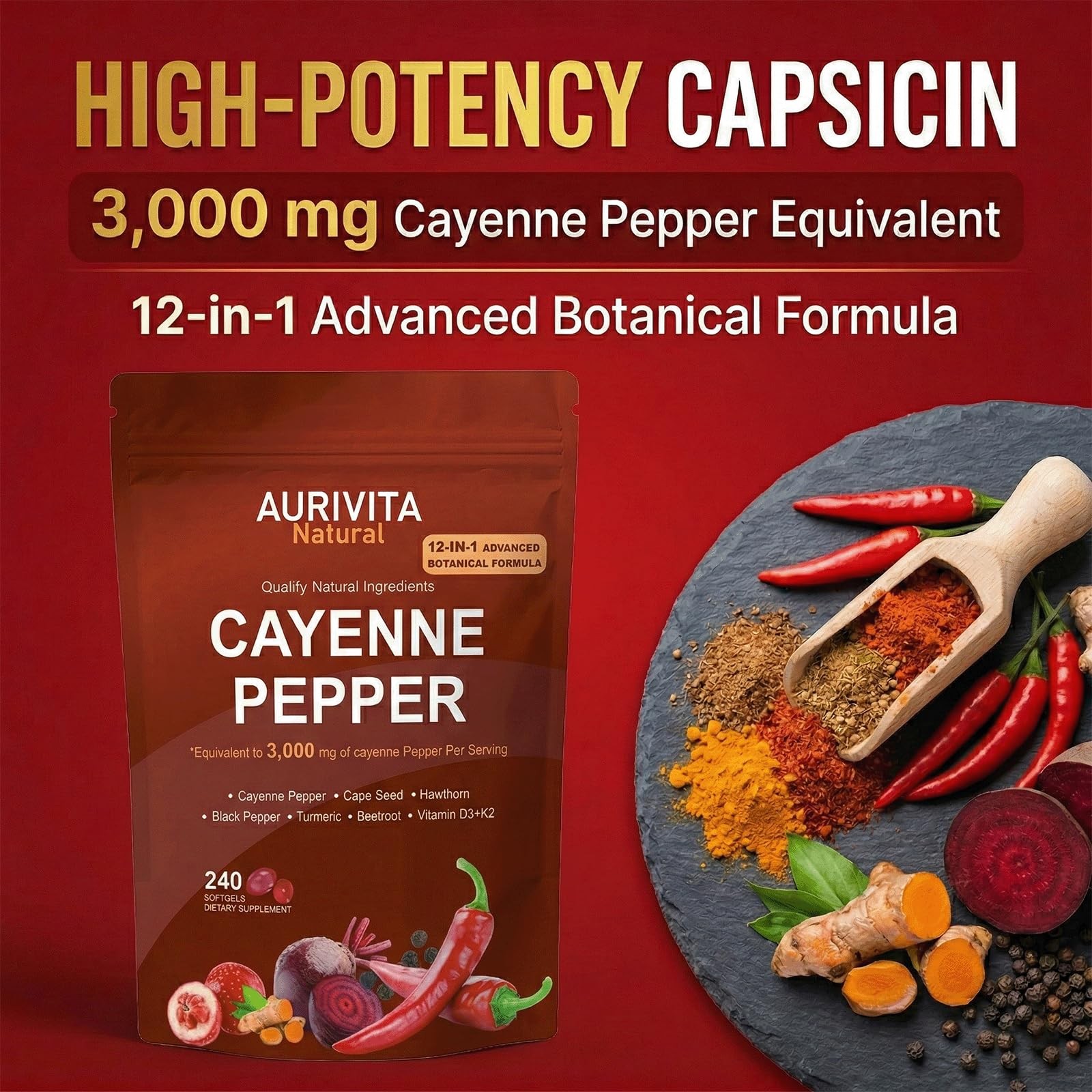 Aurivita Capsaicin & Cayenne Softgels w/ Vit E, D3+K2, Botanicals 240 Capsules