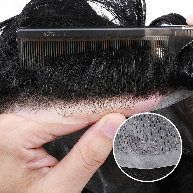 Mens Human Hair Replacement Ultra Thin Skin Toupee Hairpiece PU System Wig Bald