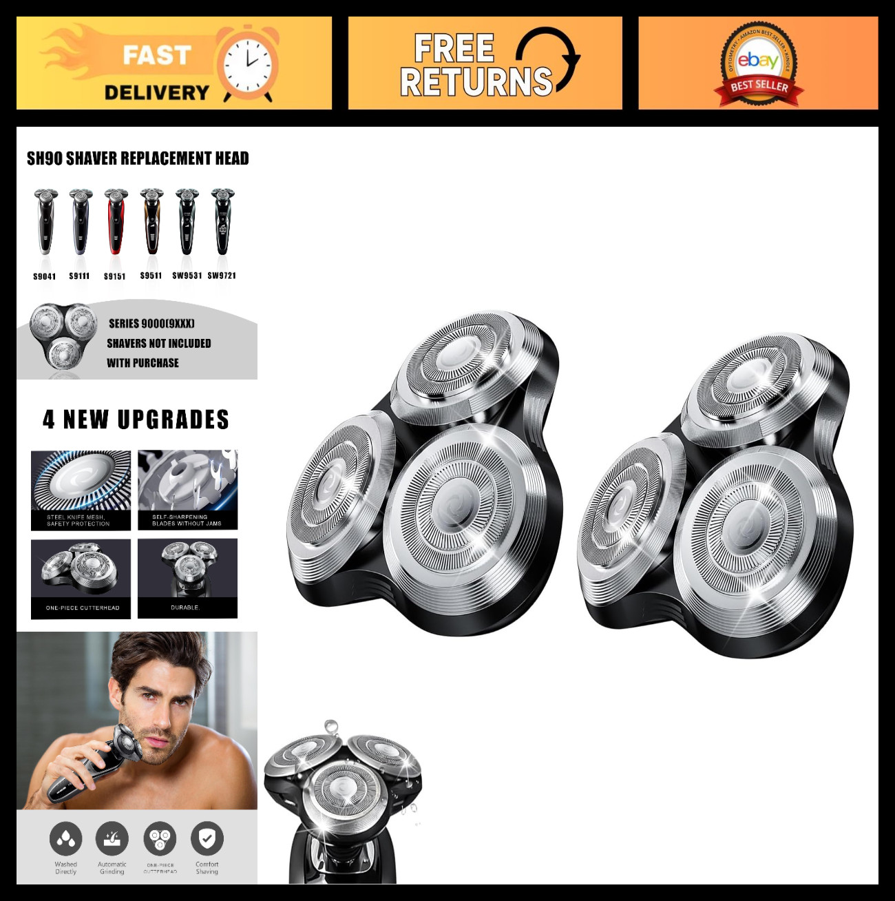 Replacement Rotary Heads for Philips Norelco Shavers Series 9000 – 2 Pack, Doubl