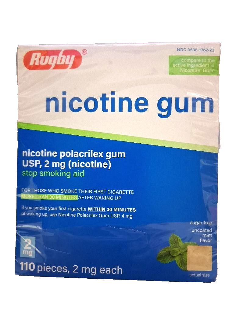 Rugby Nicotine Gum 2 mg Sugar Free Mint 110 Pieces ( Exp. 06/ 2028 or better )