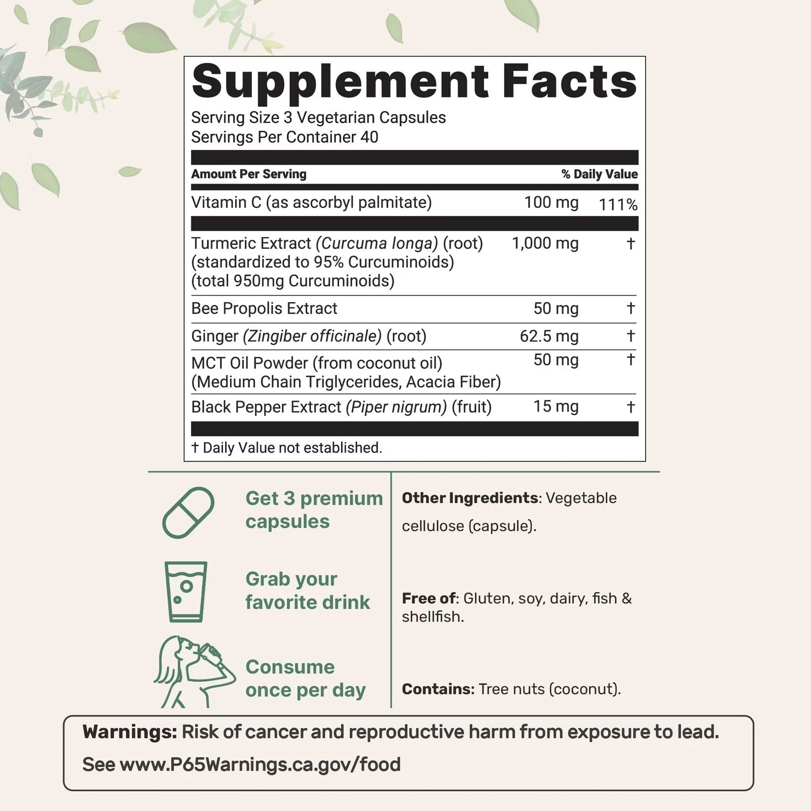 95% Turmeric Curcumin 1000mg Black Pepper MCT Oil Joint Support Vegan Capsules