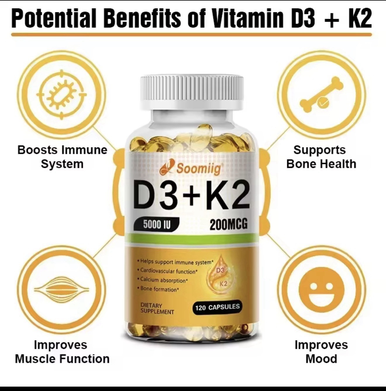 Vitamin D3 5000IU and 200 Mcg Vitamin K2 (MK-7) Capsules for Calcium Absorption