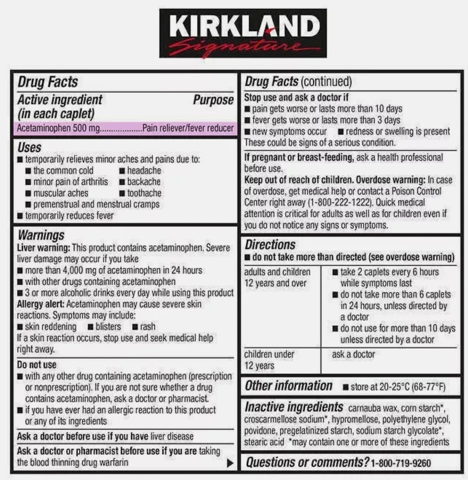Kirkland Extra Strength Acetaminophen 500mg 1,000 Caplets Compare to Tylenol